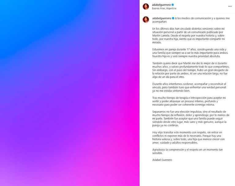 El posteo de Adabel Guerrero sobre su separación (Foto: Instagram @adabelguerrero)