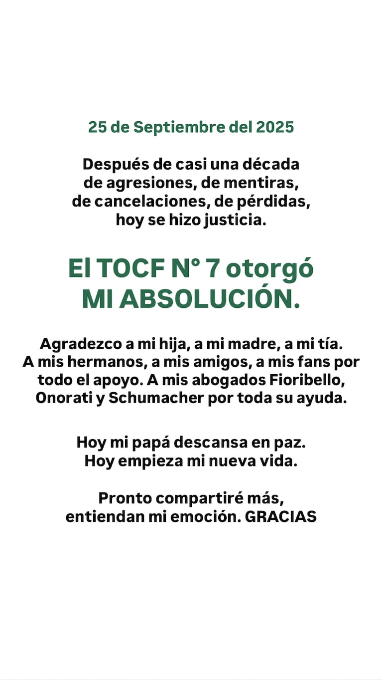 El posteo de Andrea del Boca tras la absolución.