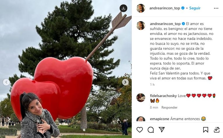 El posteo de Andrea Rincón por el Día de los Enamorados (Foto: captura Instagram).