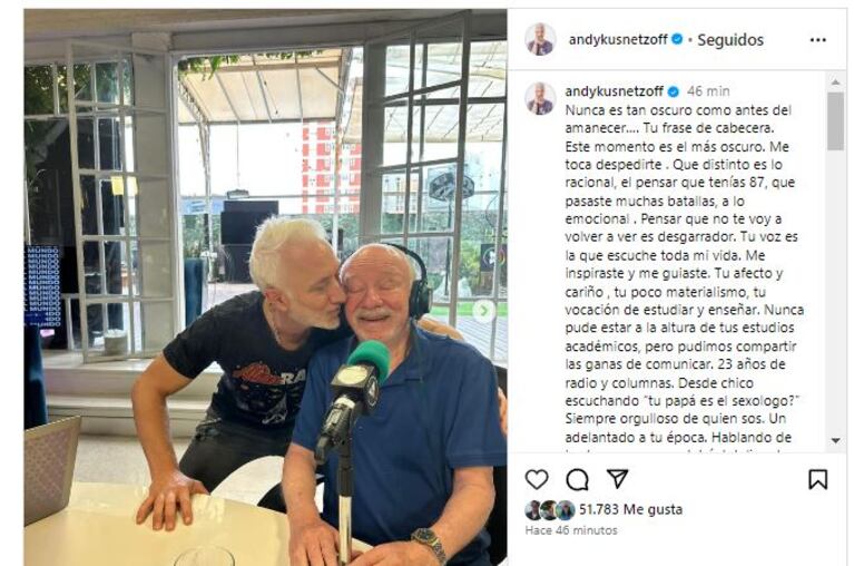 El posteo de Andy Kusnetzoff dedicado a su papá Juan Carlos (Foto: Instagram)