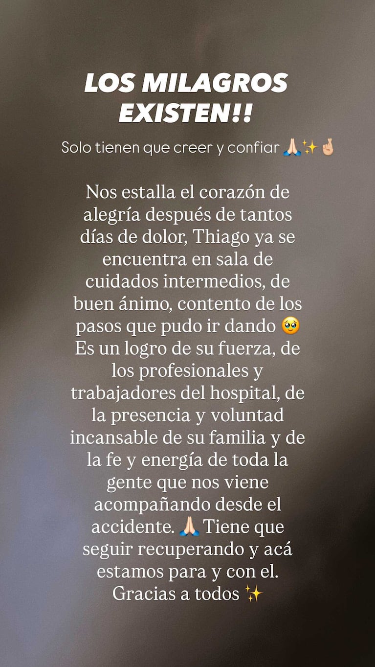 El posteo de Daniela Celis sobre la mejoría de Thiago Medina (Foto: Instagram @danielacelis01)