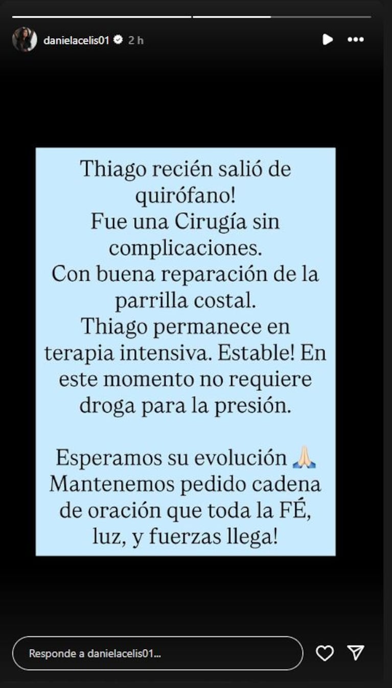 El posteo de Daniela Celis tras la operación de tórax a Thiago Medina.