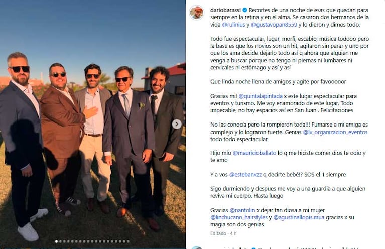 El posteo de Darío Barassi tras su romántico viaje a San Juan con su esposa (Foto Instagram @dariobarassi)