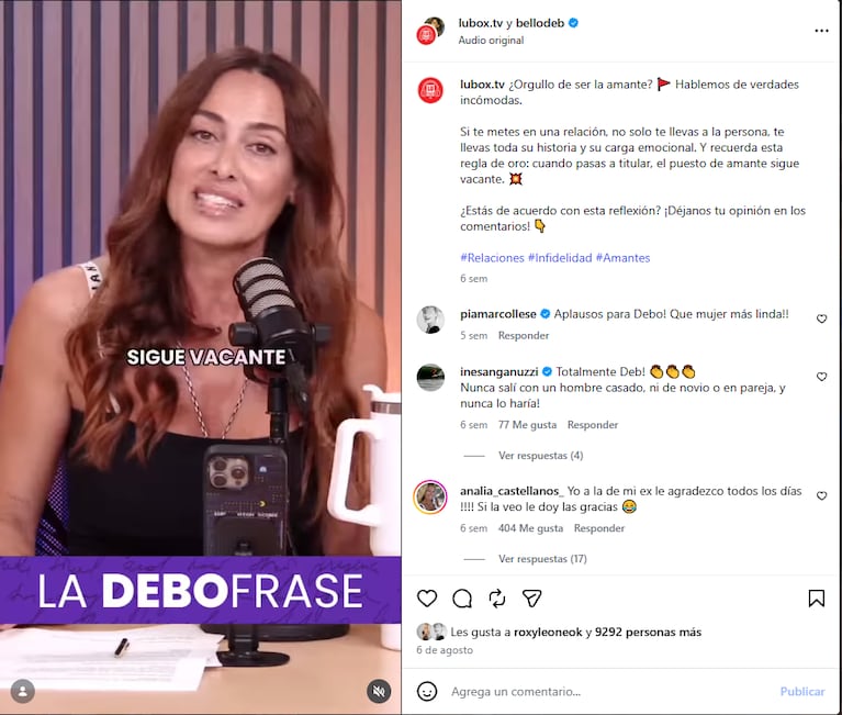 El posteo de Débora Bello sobre las amantes.