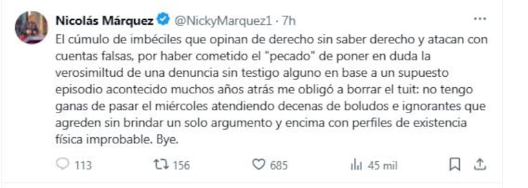 El posteo de descargo de Nicolás Márquez (Foto: X @NickyMarquez1)
