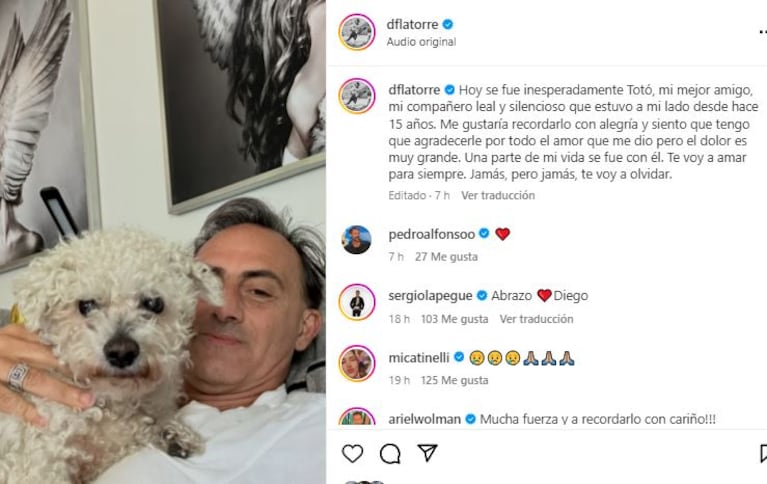 El posteo de Diego Latorre para su perro Totó (Foto: Instagram @dflatorre)
