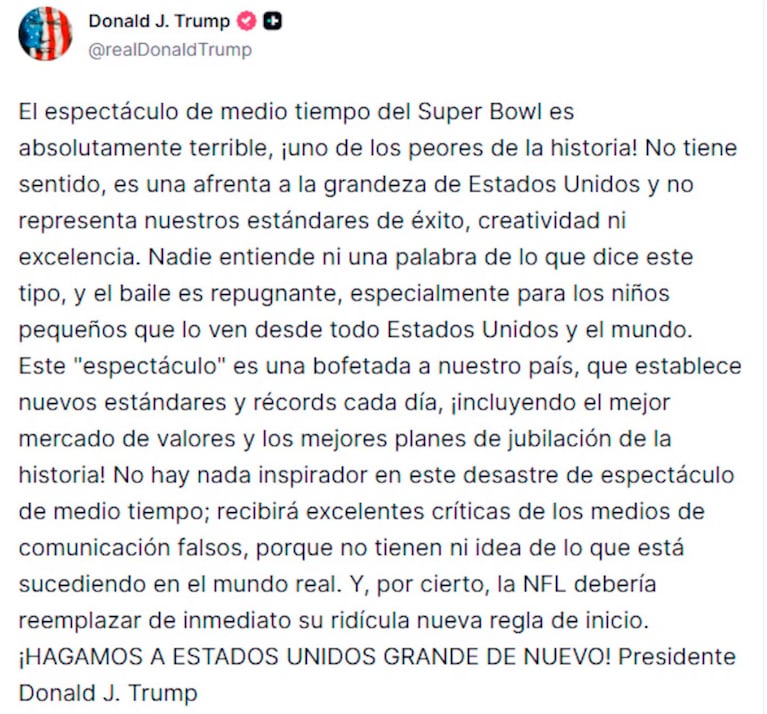 El posteo de Donald Trump contra Bad Bunny (Foto: Instagram @realdonaldtrump)