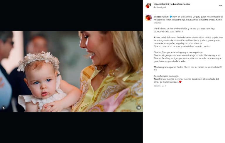 El posteo de Elina Fernández y Eduardo Constantini por el bautismo de Khalo Milagro (Foto: Instagram @elinacostantini)