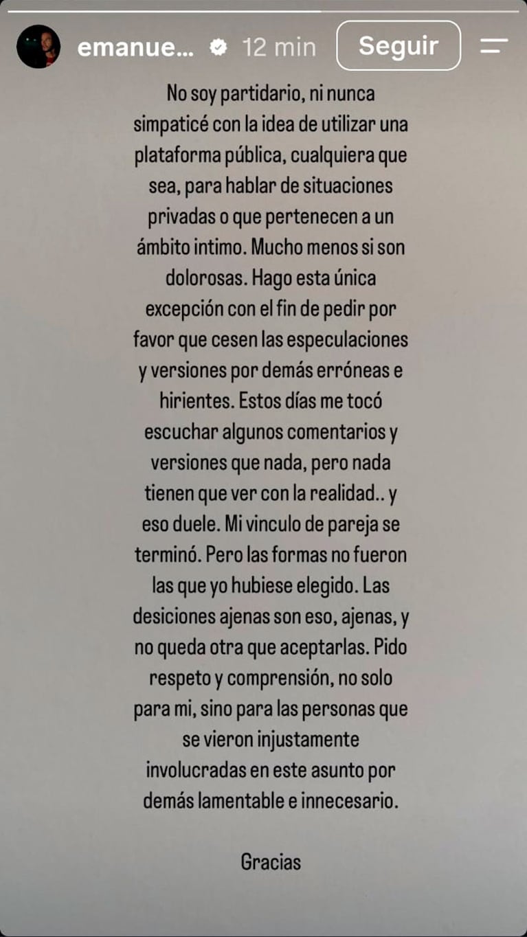El posteo de Emanuel Ortega contra Julieta Prandi.