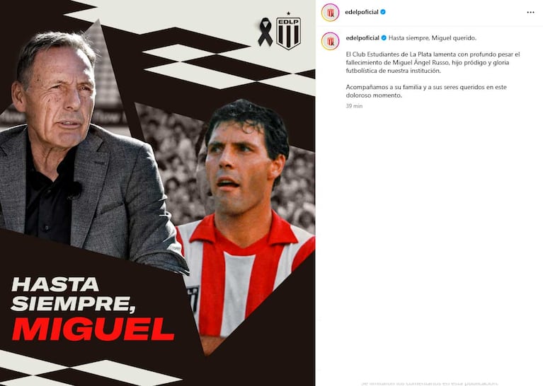 El Posteo de Estudiantes de La Plata por la muerte de Miguel Ángel Russo (captura Instagram)