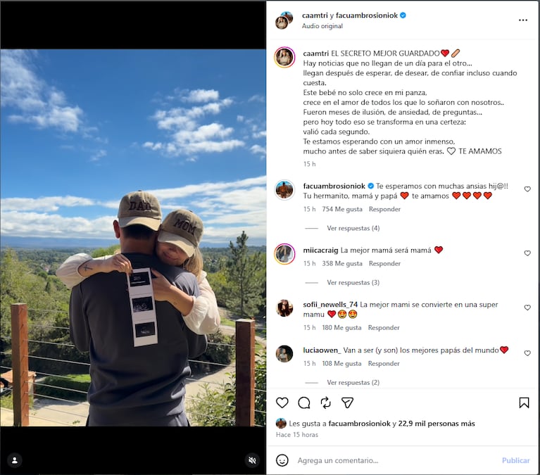 El posteo de Facundo Ambrosioni y Camila Triviño.
