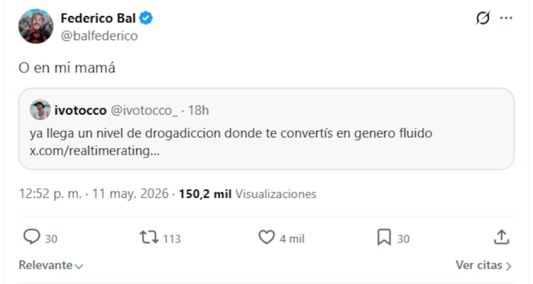 El posteo de Fede Bal en X sobre su mamá y Pity Álvarez.