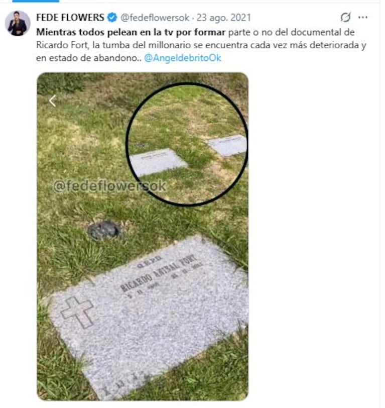 El posteo de Fede Flowers sobre el descuido en la tumba de Ricardo Fort de hace 5 años (Foto: X.com/@fedeflowersok)