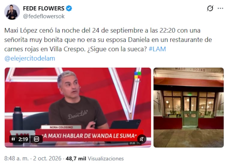 El posteo de Fede Flowers sobre Maxi López.