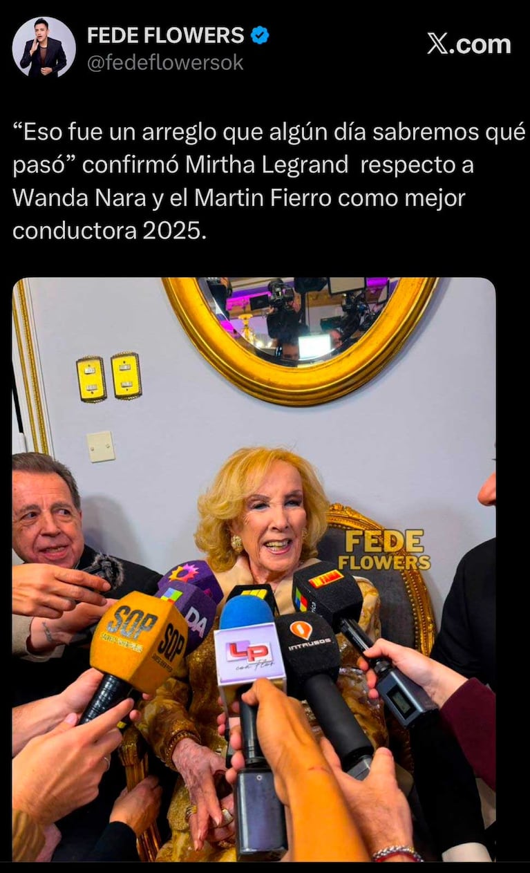El posteo de Fede Flowers sobre Mirtha Legrand opinando sin filtros del Martín Fierro a Wanda Nara (Foto: captura X/ @fedeflowersok)