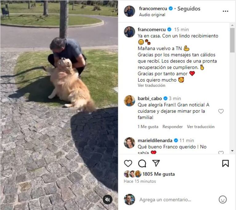 El posteo de Franco Mercuriali tras ser dado de alta (Foto: Instagram @francomercu)