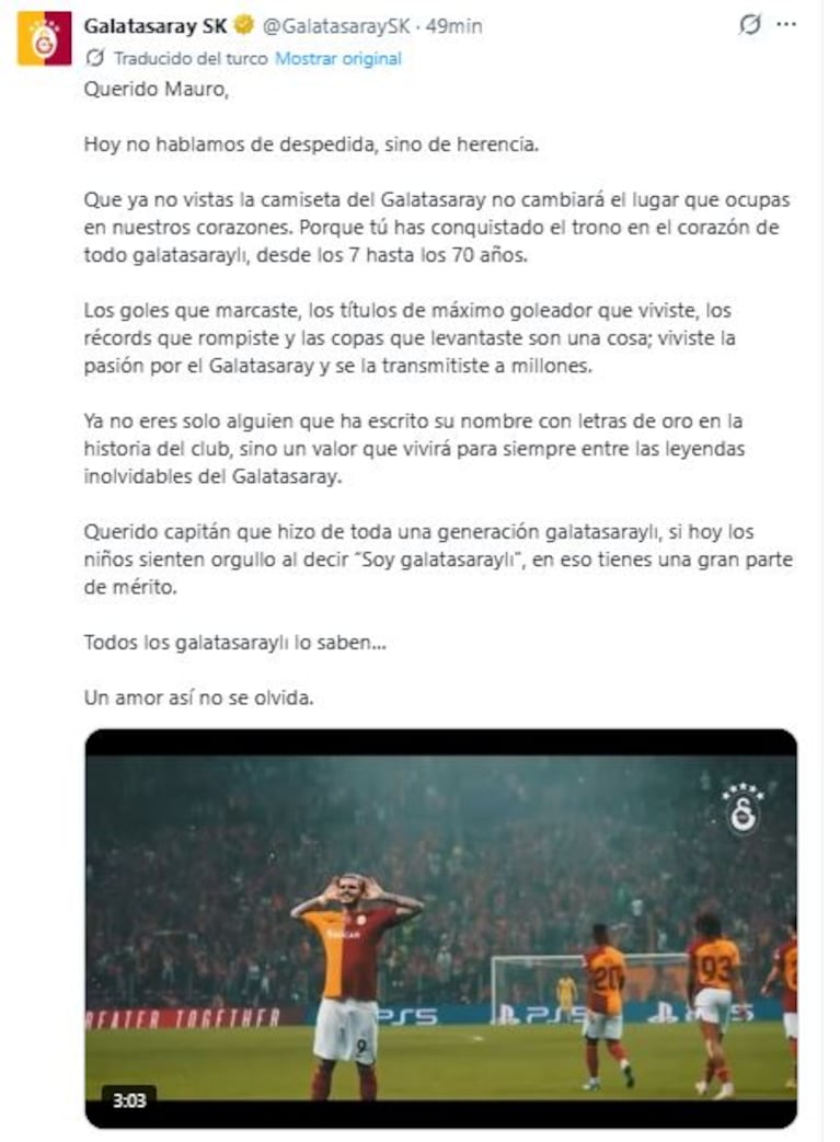 El posteo de Galatasaray para despedir a Mauro Icardi (Foto: X.com @galatasaraySK)