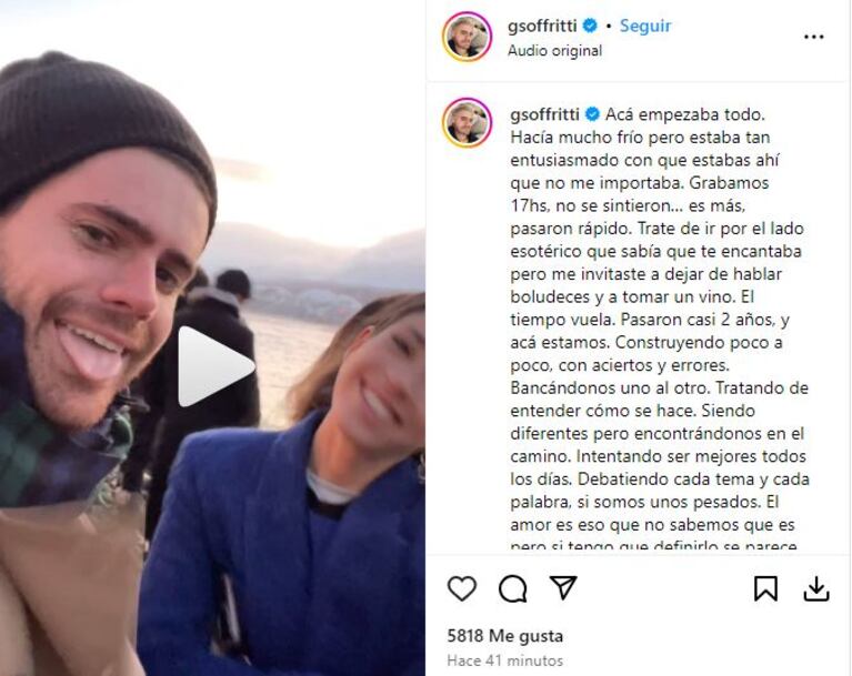 El posteo de Gastón Soffritti a Cande Molfese por San Valentín.