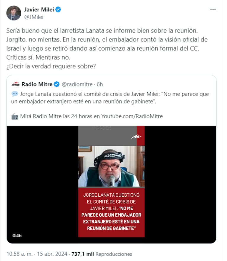 El posteo de Javier Milei contra Jorge Lanata.
