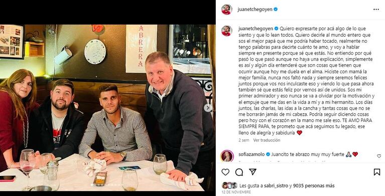 El posteo de Juan Etchegoyen para despedir a su papá, Juan Carlos (Foto: Instagram @juanetchegoyen)