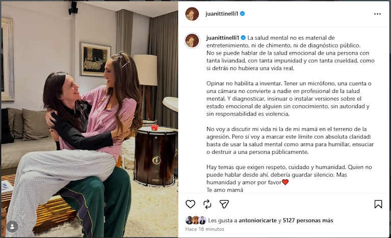 El posteo de Juana Tinelli sobre la salud mental y Paula Robles.