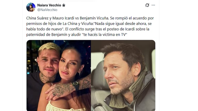 El posteo de la periodista Naiara Vecchio en X sobre el nuevo conflicto entre Vicuña, la China e Icardi.