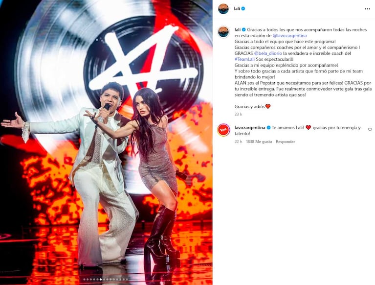 El posteo de Lali tras el final de La Voz Argentina (Foto: Instagram @lali)
