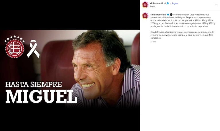 El Posteo de Lanús por la muerte de Miguel Ángel Russo (captura Instagram)