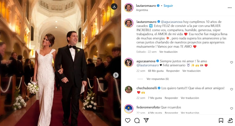 El posteo de Lautaro Mauro a Agustina Casanova por sus diez años de casados.