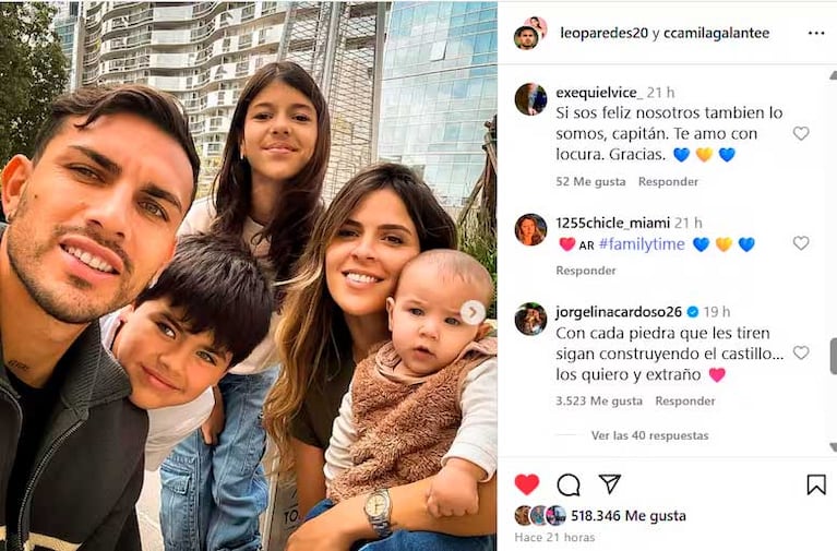 El posteo de Leandro Paredes que Jorgelina Cardozo comentó (Foto: captura Instagram)