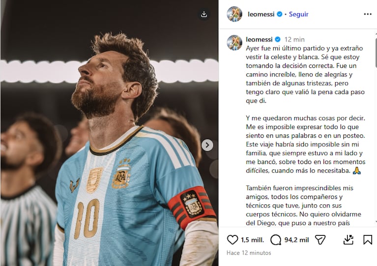 El posteo de Lionel Messi tras su último partido con la Selección argentina (Foto: captura de Instagram).