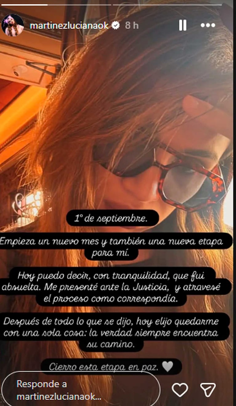 El posteo de Luciana Martínez tras ser absuelta (Foto: Instagram @martinezlucianaok)
