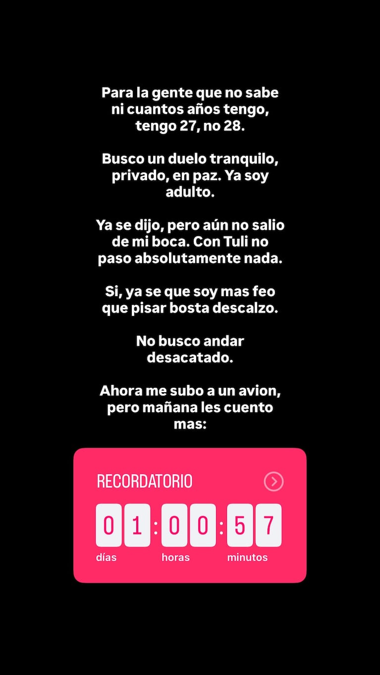 El posteo de Luck Ra sobre La Joaqui y Tuli Acosta. Captura: Instagram Stories luckra