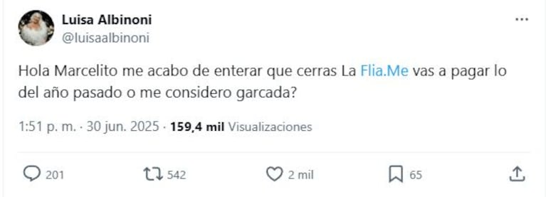 El posteo de Luisa Albinoni contra Marcelo Tinelli. (Foto: @luisaalbinon)