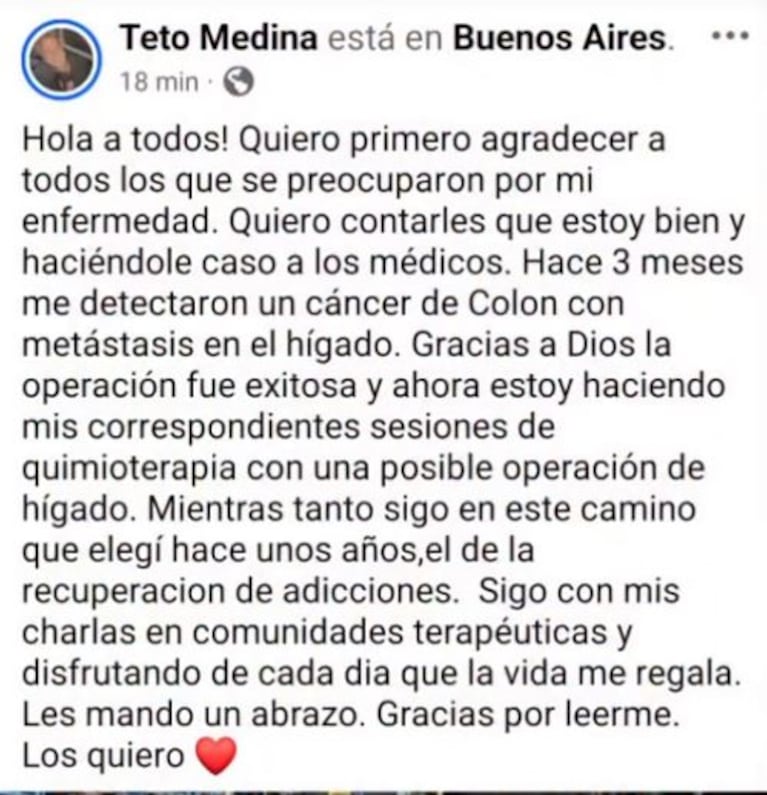 El posteo de Marcelo "Teto" Medina (Foto: Facebook Marcelo "Teto" Medina)