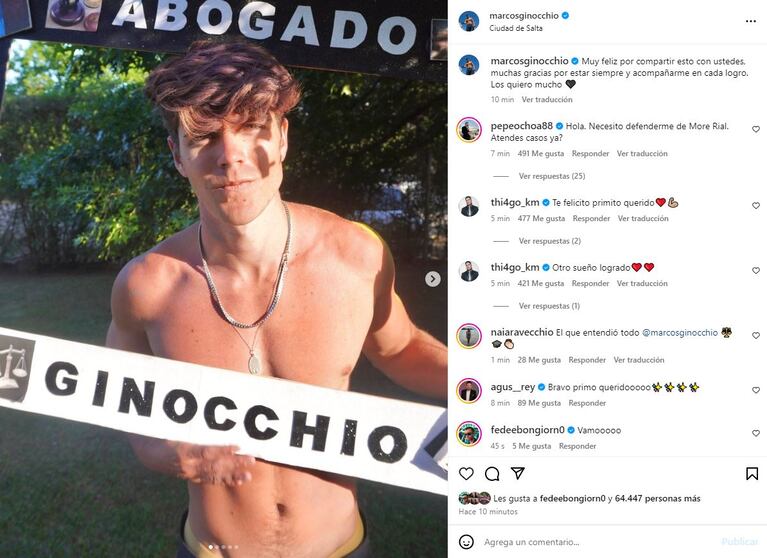 El posteo de Marcos Ginocchio tras recibirse de abogado (Foto: Instagram)