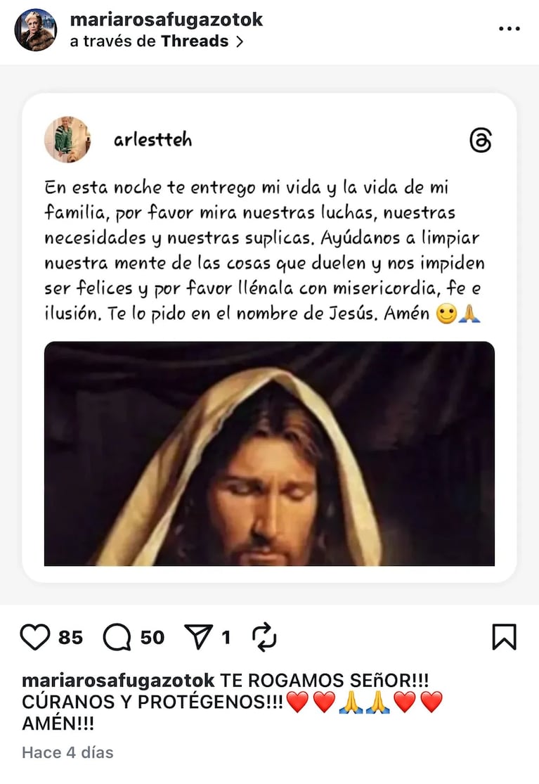 El posteo de María Rosa Fugazot antes de la muerte de su hijo René Bertrand (Foto: redes sociales).