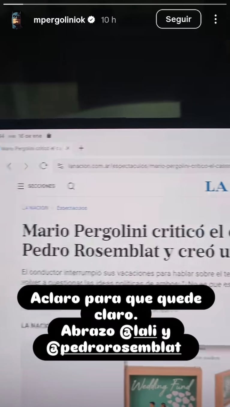 El posteo de Mario Pergolini en el que explicó qué quiso decir en su reel sobre la boda de Lali Espósito y Pedro Rosemblat (Foto: Instagram/@mpergoliniok).