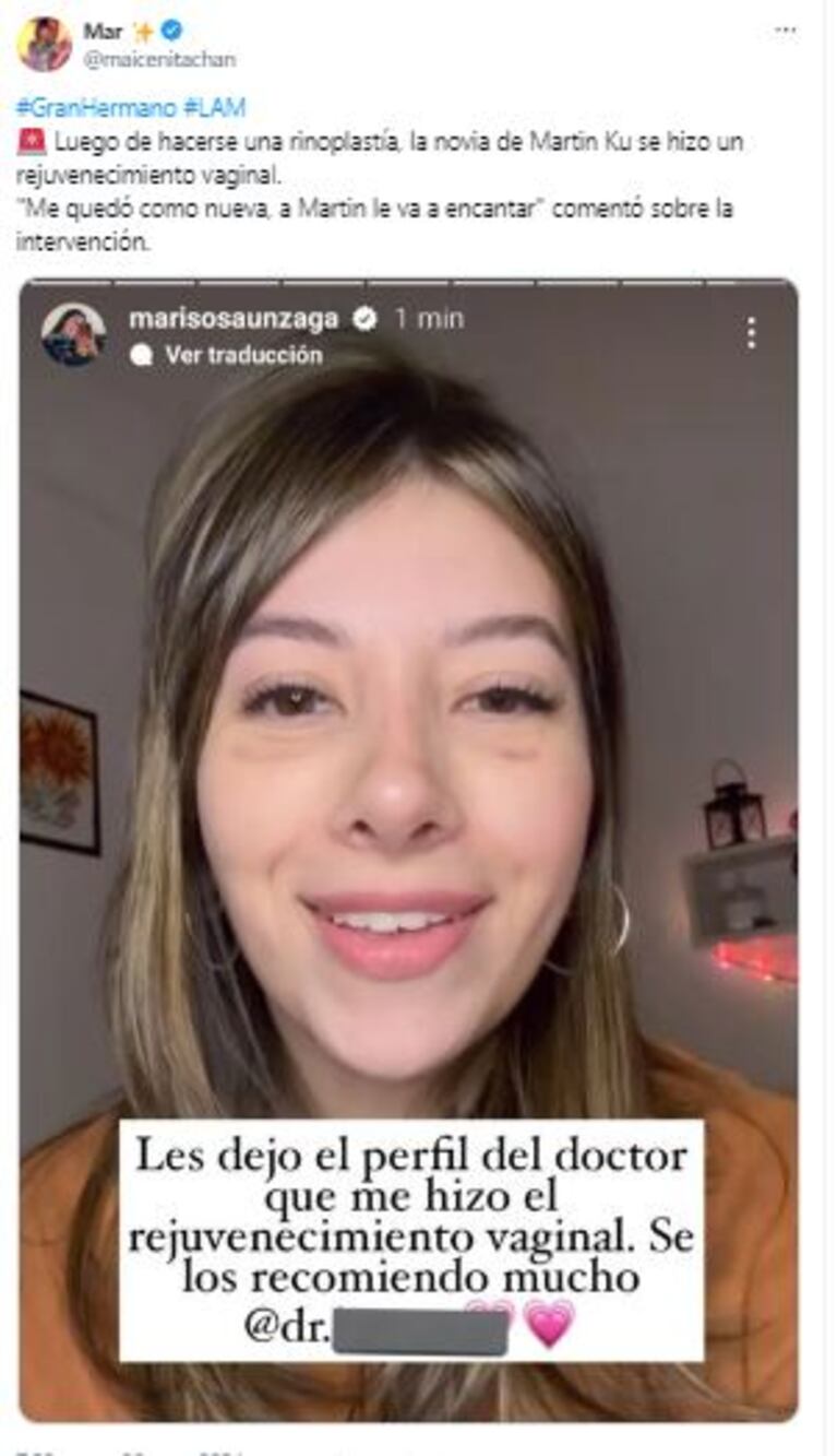 El posteo de Marisol, la novia de Martín Ku sobre su cirugía íntima (Foto: Twitter / X)
