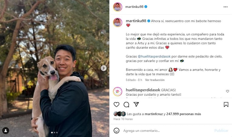 El posteo de Martín Ku tras su reencuentor con el perro Arturo (Foto: Instagram)