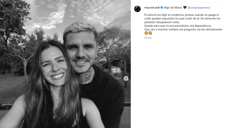 El posteo de Mauro Icardi: 4 fotos con la China Suárez y un texto que causó reacciones. Captura: Instagram mauroicardi
