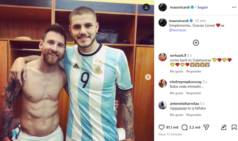El posteo de Mauro Icardi para Lionel Messi tras su despedida de la Selección argentina (Foto: Instagram/@mauroicardi).