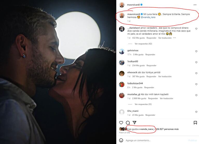 El posteo de Mauro y el like de Wanda. Captura Instagram.