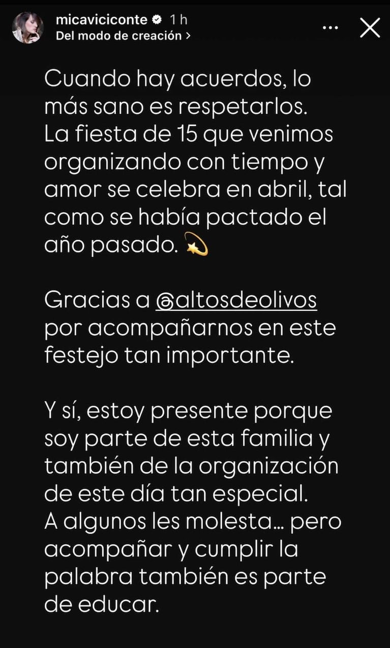 El posteo de Mica Viciconte con un reproche a Nicole Neumann (Foto: Instagram @micaviciconte)