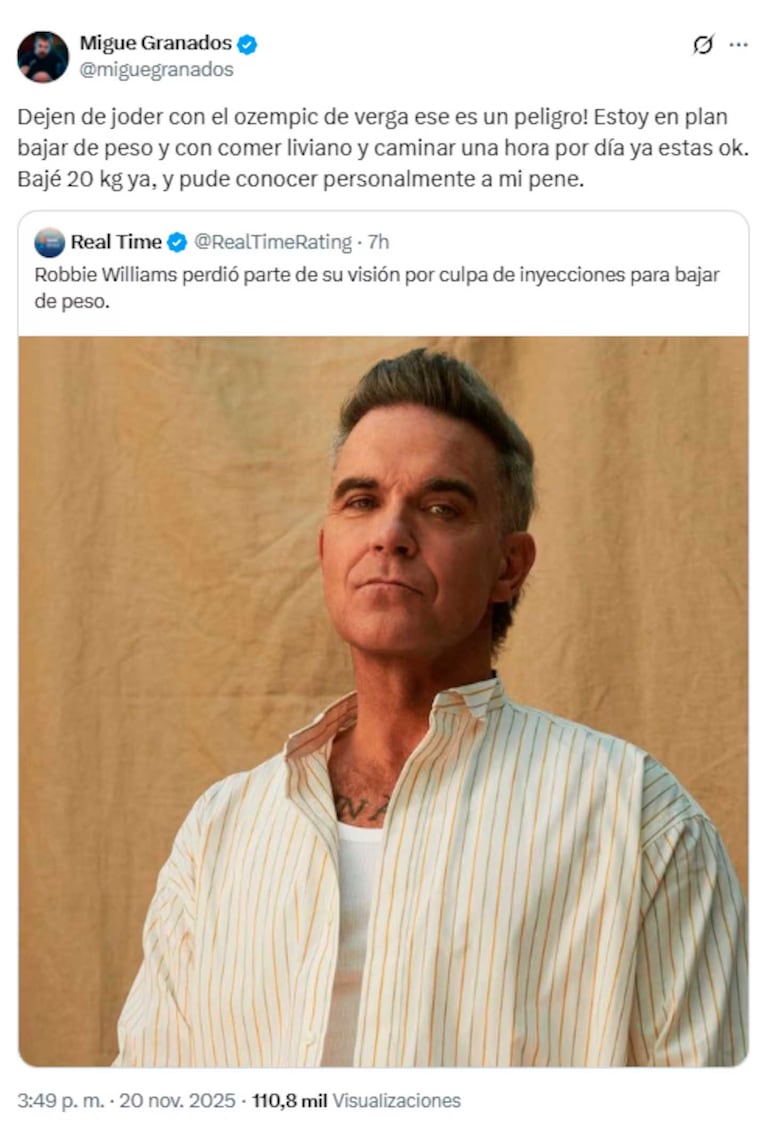 El posteo de Migue Granados en X sobre el caso de Robbie Williams (Foto: captura X/ Twitter)