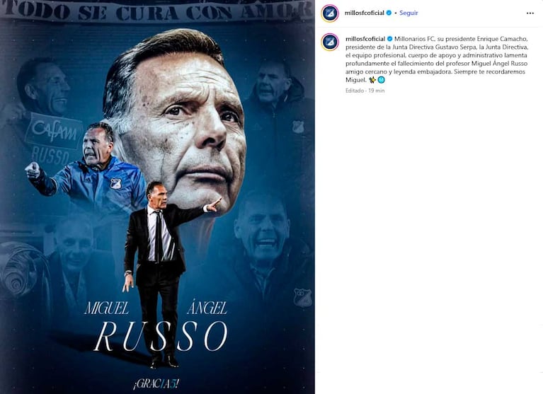 El Posteo de Millonarios por la muerte de Miguel Ángel Russo (captura Instagram)