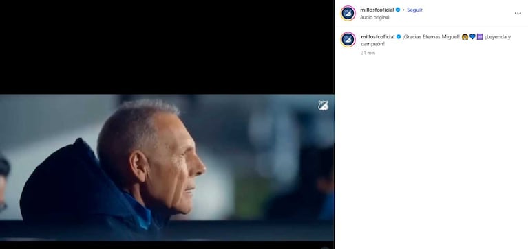 El Posteo de Millonarios por la muerte de Miguel Ángel Russo (captura Instagram)