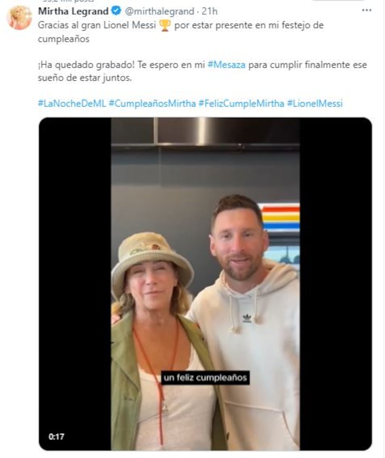 El posteo de Mirtha Legrand en Twitter con el saludo de Leo Messi (Foto: Twitter /X @mirthalegrand)