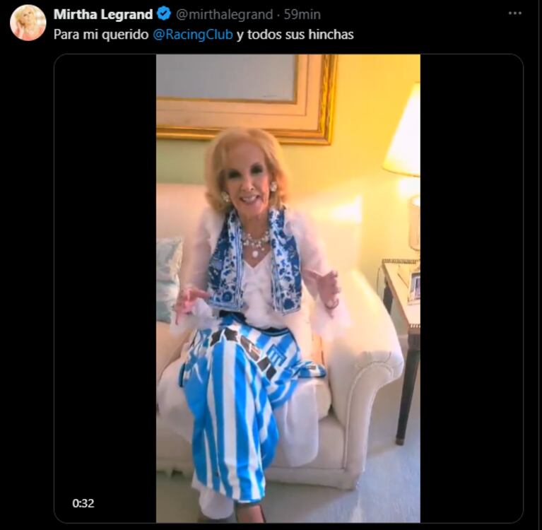 El posteo de Mirtha Legrand para celebrar el campeonato de Racing. (Foto: X / mirthalegrand)