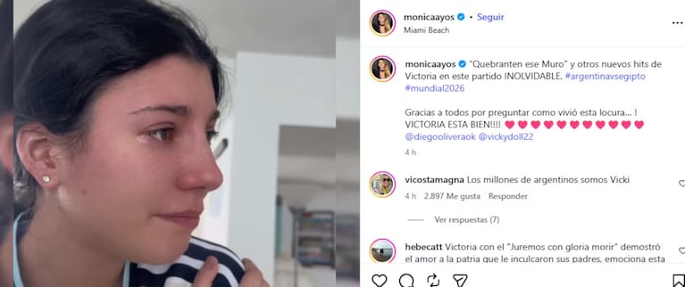 El posteo de Mónica Ayos que se llenó de comentarios de otros hinchas identificados con la reacción de su hija.
 Captura del Instagram de Mónica Ayos con el video viral de Victoria y comentarios de seguidores.
Fuente: Instagram @monicaayos